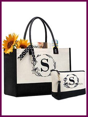 Monogram Embroidered Canvas Tote Bag Leather Handle Large Shopper